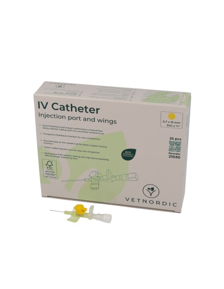 IV Catheter, w/injection port and wings, 0.7 x 19 mm, 24G x ¾", yellow, 25 pcs