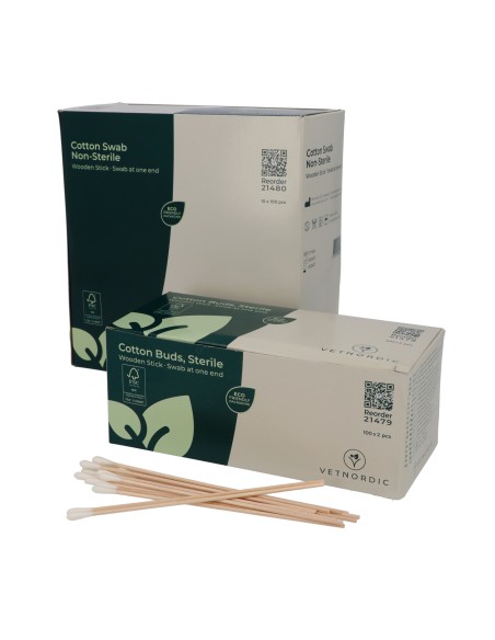 Cotton Swab, 15 cm, wood/cotton, swab at one end, sterile, peel pack 2 pcs, 100 pcs